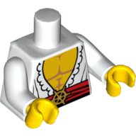 Visuel indicatif Rebrickable de Torse, ouvert Chemise avec franges, ceinture rouge et motif imprimé boucle de barre d'or, bras blancs, mains jaunes (Torso, Open Shirt with Frills, Red Waist Sash and Gold Helm Buckle Print, White Arms, Yellow Hands)