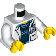 Torse, Manteau de laboratoire avec poches sur gilet et chemise bleues, Badge d'identité avec motif imprimé Ultra Agents Logo (Christina Hydron), bras blancs, mains jaunes (Torso, Lab Coat with Pockets over Blue Vest and Shirt, ID Badge with Ultra Agents Logo Print (Christina Hydron), White Arms, Yellow Hands)