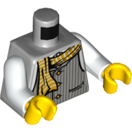 Visuel indicatif Rebrickable de Torse, Gilet rayé avec boutons et motif imprimé écharpe rayée jaune, bras blancs, mains jaunes (Torso, Striped Vest with Buttons and Yellow Striped Scarf Print, White Arms, Yellow Hands)