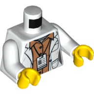 Visuel indicatif Rebrickable de Torse, Manteau de laboratoire avec poches et badge d'identité sur motif imprimé chemise orange, bras blancs, mains jaunes (Torso, Lab Coat with Pockets and ID Badge over Orange Shirt Print, White Arms, Yellow Hands)