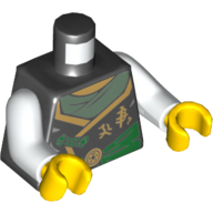 Visuel indicatif Rebrickable de Torse, robe avec ceinture vert foncé, Personnages asiatiques or, Tatouage déchiré / violet sur motif imprimé dos, bras blancs, mains jaunes (Torso, Robe with Dark Green Sash, Gold Asian Characters, Torn / Purple Tattoo on Back Print, White Arms, Yellow Hands)