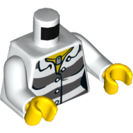 Torse, chemise de prison avec des rayures gris bleuâtre foncé, boutons et id tag motif imprimé, bras blancs, mains jaunes (Torso, Prison Shirt with Dark Bluish Gray Stripes, Buttons and ID Tag Print, White Arms, Yellow Hands)