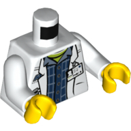 Torse, blouse de laboratoire avec poches et badge id sur chemise à carreaux et haut à carreaux / 'AC RESEARCH' sur le dos motif imprimé, bras blancs, mains jaunes (Torso, Lab Coat with Pockets and ID Badge over Plaid Shirt and Lime Top / 'AC RESEARCH' on Back Print, White Arms, Yellow Hands)