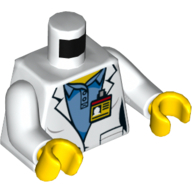 Visuel indicatif Rebrickable de Torse, blouse de laboratoire sur chemise bleu moyen, badge id / logo de la navette spatiale au dos motif imprimé, bras blancs, mains jaunes (Torso, Lab Coat over Medium Blue Shirt, ID Badge / Space Shuttle Logo on Back Print, White Arms, Yellow Hands)