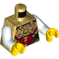 Torse, armure, rouge, rouge foncé et plaques d'or avec motif imprimé bijou orange 'Chi', bras blancs, mains jaunes (Torso, Armor, Red, Dark Red, and Gold Plates with Orange Jewel 'Chi' Print, White Arms, Yellow Hands)