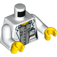 Torse, blouse de laboratoire, carte d'identité, chemise gris clair, motif imprimé boutons, bras blancs, mains jaunes (Torso, Lab Coat, Id Card, Light Grey Shirt, Buttons Print, White Arms, Yellow Hands)