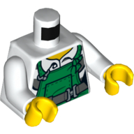 Visuel indicatif Rebrickable de Torse, salopette, vert sur ceinture gris bleuâtre foncé, motif imprimé chemise prison, bras blancs, mains jaunes (Torso, Overalls, Green over Dark Bluish Grey Belt, Prison Shirt Print, White Arms, Yellow Hands)