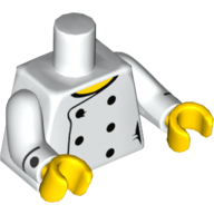 Visuel indicatif Rebrickable de Torse, Chef à six boutons et motif imprimé col jaune, bras blancs avec poignets noirs et motif imprimé boutons, mains jaunes (Torso, Chef with Six Buttons and Yellow Neck Print, White Arms with Black Cuffs and Buttons Print, Yellow Hands)