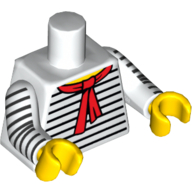 Visuel indicatif Rebrickable de Torse, noir fines rayures, rouge écharpe devant et dos motif imprimé, blanc bras avec noir fines rayures motif imprimé, mains jaunes (Torso, Black Thin Stripes, Red Scarf Front and Back Print, White Arms with Black Thin Stripes Print, Yellow Hands)