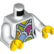 Visuel indicatif Rebrickable de Torse, col en V avec motif imprimé rose foncé, orange clair, bleu clair et pétoncles de vert citron, bras blancs, mains jaunes (Torso, V-Neck with Dark Pink, Bright Light Orange, Bright Light Blue, and Lime Scallops Print, White Arms, Yellow Hands)