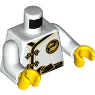 Torse, robe avec fermoir grenouille or et ceinture noire nouée, petit emblème or / grand sur le dos motif imprimé (Sensei Wu), bras blancs, mains jaunes (Torso, Robe with Gold Frog Clasps and Knotted Black Sash, Small Gold Emblem / Large on Back Print (Sensei Wu), White Arms, Yellow Hands)