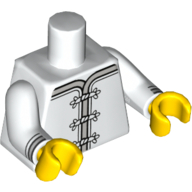 Visuel indicatif Rebrickable de Torse, robe avec garniture grise et fermoirs de grenouille blanche / médaillon de fleur rouge en motif imprimé cercle sur dos, bras blancs avec motif imprimé poignets noir et gris, mains jaunes (Torso, Robe with Gray Trim and White Frog Clasps / Red Flower Medallion in Circle on Back Print, White Arms with Black and Gray Cuffs Print, Yellow Hands)