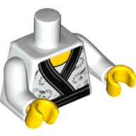 Visuel indicatif Rebrickable de Torse, Kimono avec col noir et tissu de conception de crevettes gris foncé, ceinture noire, col superposé / col arrondi sur motif imprimé dos, bras blancs, mains jaunes (Torso, Kimono with Black Collar and Dark Bluish Gray Shrimp Design Fabric, Black Sash, Overlapping Collar / Rounded Collar on Back Print, White Arms, Yellow Hands)