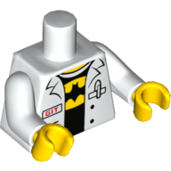 Visuel indicatif Rebrickable de Torse, manteau ouvert de laboratoire, rouge 'GIT' badge et poche avec stylo, sur chemise noire avec Batman symbole en jaune imprimé ovale, bras blancs, mains jaunes (Torso, Open Lab Coat, Red 'GIT' Badge and Pocket with Pen, over Black Shirt with Batman Symbol in Yellow Oval Print, White Arms, Yellow Hands)