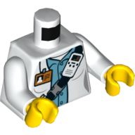 Torse, blouse de laboratoire, ceinture, radio, badge d'identité, motif imprimé chemise bleu moyen, bras blancs, mains jaunes (Torso, Lab Coat, Belt, Radio, ID Badge, Medium Blue Shirt Print, White Arms, Yellow Hands)