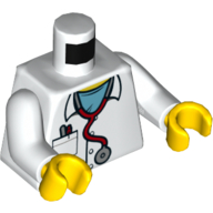 Torse, manteau de laboratoire, stéthoscope, poche, stylos, motif imprimé chemise bleue, bras blancs, mains jaunes (Torso, Lab Coat, Stethoscope, Pocket, Pens, Blue Shirt Print, White Arms, Yellow Hands)