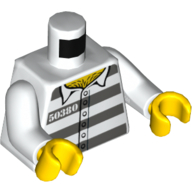 Torse, chemise de prisonnier à rayures gris foncé, '50380', motif imprimé 6 boutons, bras blancs, mains jaunes (Torso, Prisoner Shirt with Dark Bluish Gray Stripes, '50380', 6 Buttons Print, White Arms, Yellow Hands)