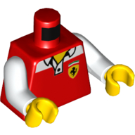Visuel indicatif Rebrickable de Torse, Chemise avec col blanc et logo Ferrari imprimé, bras blancs, mains jaunes (Torso, Shirt with White Collar and Ferrari Logo Print, White Arms, Yellow Hands)