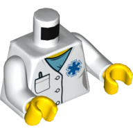 Torse, blouse de laboratoire, chemise bleue, étoile bleue de la vie, poche, stylo imprimé, bras blancs, mains jaunes (Torso, Lab Coat, Blue Shirt, Blue Star of Life, Pocket, Pen Print, White Arms, Yellow Hands)