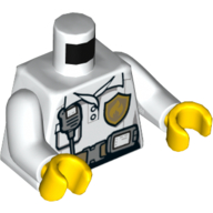 Visuel indicatif Rebrickable de Torse, chemise, Badge, Radio, Ceinture utilitaire avec motif imprimé écran, bras blancs, mains jaunes (Torso, Shirt, Badge, Radio, Utility Belt with Screen Print, White Arms, Yellow Hands)