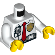 Visuel indicatif Rebrickable de Torse, chemise, insigne de feu, radio, ceinture utilitaire avec écran, motif : cravate rouge, bras blancs, mains jaunes (Torso, Shirt, Fire Badge, Radio, Utility Belt with Screen, Red Tie Print, White Arms, Yellow Hands)