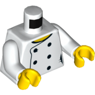 Visuel indicatif Rebrickable de Torse, veste de chef avec 6 boutons, motif : col jaune / inscription 'LEGO House Home of the Brick', bras blancs, mains jaunes (Torso, Chef Jacket with 6 Button, Yellow Collar / 'LEGO House Home of the Brick' Print, White Arms, Yellow Hands)