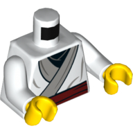 Visuel indicatif Rebrickable de Torse, robe, chemise noire, motif imprimé ceinture rouge foncé, bras blancs, mains jaunes (Torso, Robe, Black Shirt, Dark Red Sash Print, White Arms, Yellow Hands)