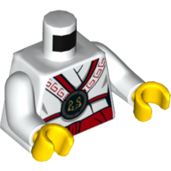 Visuel indicatif Rebrickable de Torse, robe avec bordure rouge, symbole chinois en médaillon noir imprimé, bras blancs, mains jaunes (Torso, Robe with Red Trim, Chines Symbol In Black Medallion Print, White Arms, Yellow Hands)