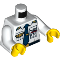 Visuel indicatif Rebrickable de Torse, chemise avec poches, cravate bleu foncé, badge de pilote, badge d'identité imprimé, bras blancs, mains jaunes (Torso, Shirt with Pockets, Dark Blue Tie, Pilot Badge, ID Badge Print, White Arms, Yellow Hands)