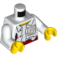 Visuel indicatif Rebrickable de Torse, chemise avec taches, stylo rouge, motif imprimé déboutonné, bras blancs, mains jaunes (Torso, Shirt with Stains, Red Pen, Unbuttoned Print, White Arms, Yellow Hands)