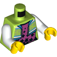Visuel indicatif Rebrickable de Torse, veste recadrée sur un sous-vêtement magenta avec motif imprimé d'étoiles noires, bras blancs, mains jaunes (Torso, Cropped Jacket over Magenta Undershirt with Black Stars Print, White Arms, Yellow Hands)