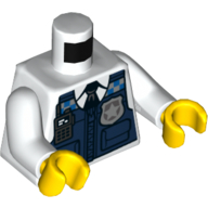 Torse, gilet, Bleu foncé avec Radio et insigne de police sur chemise et cravate motif imprimé, bras blancs, mains jaunes (Torso, Vest, Dark Blue with Radio and Police Badge over Shirt and Tie Print, White Arms, Yellow Hands)