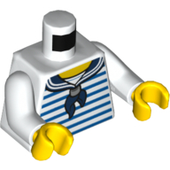 Visuel indicatif Rebrickable de Torse, chemise avec rayures bleu foncé, foulard bleu foncé imprimé, bras blancs, mains jaunes (Torso, Shirt with Dark Blue Stripes, Dark Blue Sailor Neckerchief Print, White Arms, Yellow Hands)