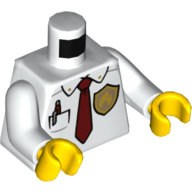 Visuel indicatif Rebrickable de Torse, chemise, poche avec stylo, cravate rouge foncé, insigne de feu doré imprimé, bras blancs, mains jaunes (Torso, Shirt, Pocket with Pen, Dark Red Tie, Gold Fire Badge Print, White Arms, Yellow Hands)
