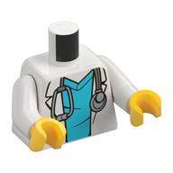 Torse, blouse de laboratoire, chemise bleu moyen, motif imprimé stéthoscope, bras blancs, mains jaunes (Torso, Lab Coat, Medium Blue Shirt, Stethoscope Print, White Arms, Yellow Hands)