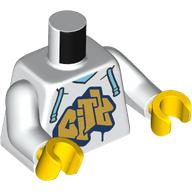 Visuel indicatif Rebrickable de Torse, sweat à capuche, lacets azur moyen, inscription 'CITY' or et bleu foncé, bras blancs, mains jaunes (Torso, Hoody, Medium Azure Laces, Gold/Dark Blue 'CITY' Print, White Arms, Yellow Hands)