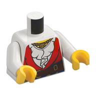 Visuel indicatif Rebrickable de Torse, Chemise à volants, Sous gilet rouge, motif : ceinture brun foncé, bras blancs, mains jaunes (Torso, Shirt with Ruffles, Under Red Vest, Dark Brown Belt Print, White Arms, Yellow Hands)