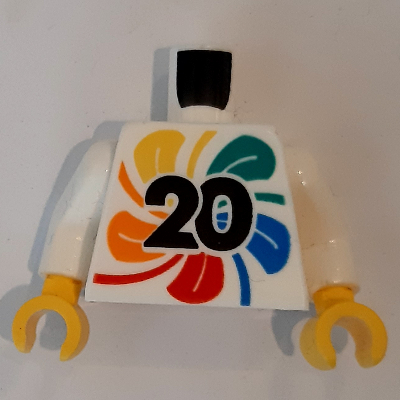 Visuel indicatif Rebrickable de Torse, Fleur multicolore, inscription '20', 'LEGO World 2023' sur Motif imprimé dos, bras blancs, mains jaunes (Torso, Multi-colored Flower, '20', 'LEGO World 2023' on Back Print, White Arms, Yellow Hands)