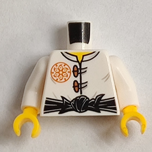 Torse, robe, fermoirs, ceinture de ceinture noire liée, emblème de fleur orange sur la poitrine / Pipe à la taille sur motif imprimé dos, bras blancs, mains jaunes (Torso, Robe, Clasps, Tied Black Sash Belt, Orange Flower Emblem on Chest / Pipe in Waistline on Back Print, White Arms, Yellow Hands)