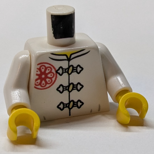 Torse, Gi avec 3 fermoirs de grenouille d'or, symbole de fleur rouge sur revers et motif imprimé dos (Teen Wu), bras blancs, mains jaunes (Torso, Gi with 3 Gold Frog Clasps, Red Flower Symbol on Lapel and Back Print (Teen Wu), White Arms, Yellow Hands)