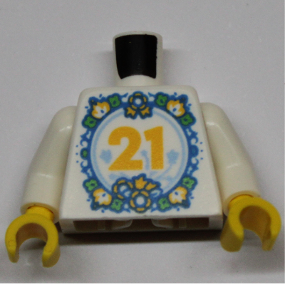Visuel indicatif Rebrickable de Torse, fleurs et feuilles en cercle et '21', logo LEGO, 'LEGO World 2024' sur motif imprimé dos, bras blancs, mains jaunes (Torso, Flowers and Leaves in Circle and '21', LEGO logo, 'LEGO World 2024' on Back Print, White Arms, Yellow Hands)