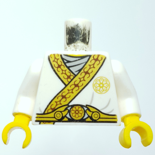 Torse, tunique avec garniture en or, décorations rouge foncé, chemise gris clair bleuté, bras blancs, mains jaunes (Torso, Tunic with Gold Trim, Dark Red Decorations, Light Bluish Grey Shirt, White Arms, Yellow Hands)