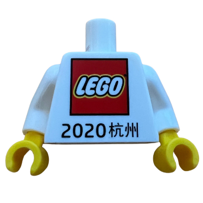 Visuel indicatif Rebrickable de Torse, 'LEGO logo 2020' / LEGO boutique Hangzhou motif imprimé, bras blancs, mains jaunes (Torso, 'LEGO logo 2020' / LEGO store Hangzhou Print, White Arms, Yellow Hands)