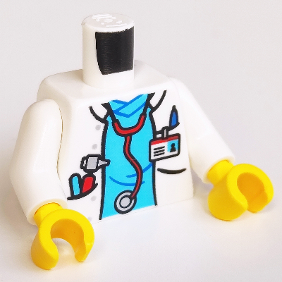 Visuel indicatif Rebrickable de Torse, manteau de laboratoire d'hôpital, gommage azur moyen, badge d'identité et motif imprimé stéthoscope, bras blancs, mains jaunes (Torso, Hospital Lab Coat, Medium Azure Scrubs, ID Badge and Stethoscope Print, White Arms, Yellow Hands)