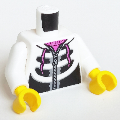 Visuel indicatif Rebrickable de Torse, sweat à capuche avec squelette, cage thoracique et col rose foncé motif imprimé, bras blancs, mains jaunes (Torso, Hoodie with Skeleton Bones, Ribcage and Dark Pink Neck Print, White Arms, Yellow Hands)