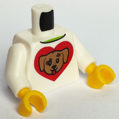 Visuel indicatif Rebrickable de Torse, tête de chien et cœur rouge, motif imprimé pattes de chien brun foncé, bras blancs, mains jaunes (Torso, Dog Head and Red Heart, Dark Brown Dog Paws Print, White Arms, Yellow Hands)