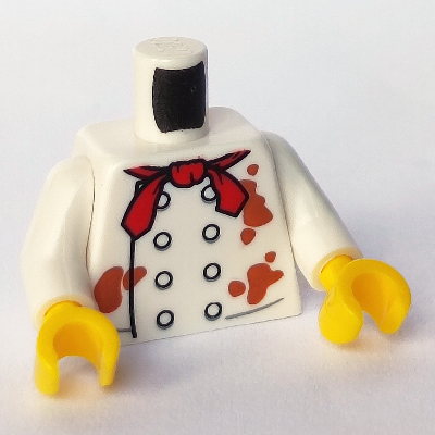 Visuel indicatif Rebrickable de Torse, chef avec 8 boutons avant avec taches orange foncé et foulard rouge / foulard sur le dos motif imprimé, bras blancs, mains jaunes (Torso, Chef with 8 Front Buttons with Dark Orange Stains and Red Neckerchief / Neckerchief on Back Print, White Arms, Yellow Hands)