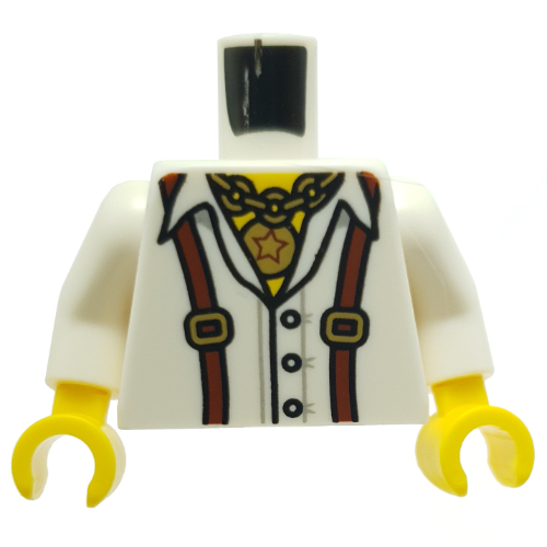Visuel indicatif Rebrickable de Torse, chemise, Bretelles marron rougeâtre (Suspendures), Collier avec grand motif imprimé pendentif étoile, bras blancs, mains jaunes (Torso, Shirt, Reddish Brown Braces (Suspenders), Necklace with Large Star Pendant Print, White Arms, Yellow Hands)