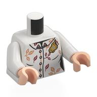 Visuel indicatif Rebrickable de Torse, chemise, feuilles de nougat/rouge foncé, broche en or, motif imprimé collier, bras blancs, mains nougat clair (Torso, Shirt, Nougat/Dark Red Leaves, Gold Brooch, Necklace Print, White Arms, Light Nougat Hands)