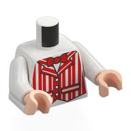 Visuel indicatif Rebrickable de Torse, veste dapper dapper rayée rouge, noeud papillon rouge imprimé, bras blancs, mains nougat clair (Torso, Red Striped Dapper Dan Jacket, Red Bow Tie Print, White Arms, Light Nougat Hands)
